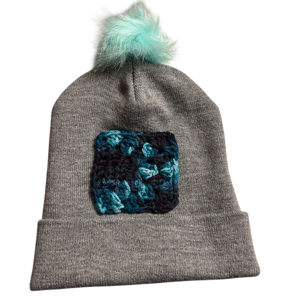 Gray Knit Beanie with Blue Patch
